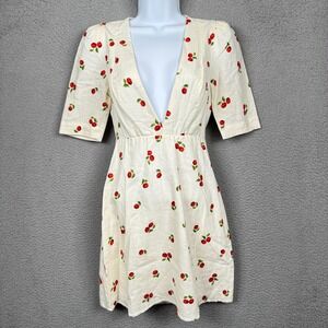 Farm Rio Dress Women XS White Pitanga Cherry Deep V Mini Linen Blend Cottagecore
